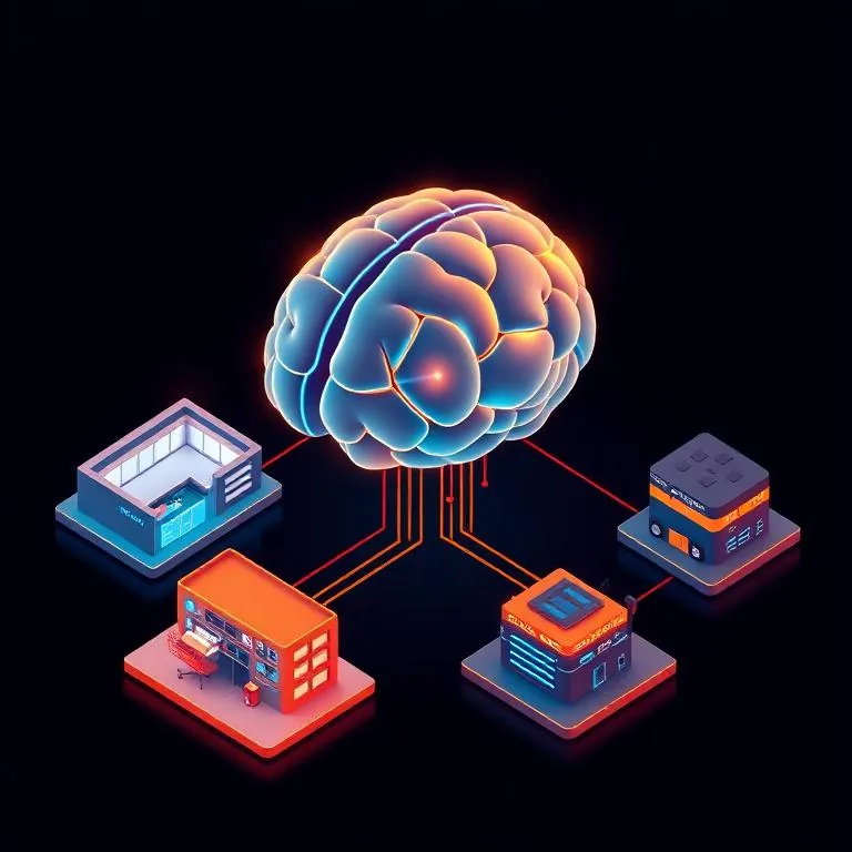 AI brain connecting enterprise departments - manufacturing, healthcare, defense, and services into unified intelligence